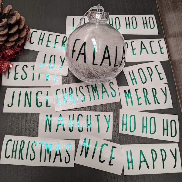 Decal sticker pack, Christmas holiday words. Ideal for applying to DIY craft projects, baubles, ornaments, crackers, glasses