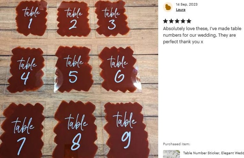 Aangepaste set tafelnummerstickers bruiloft, vinylstickers voor lijsten van 6 x 4 of 7 x 5, acryl en doe-het-zelftafeldecoratie afbeelding 4