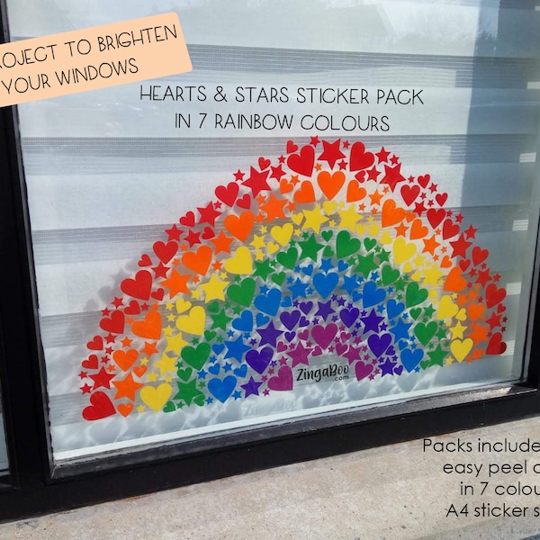 Pegatinas para ventana con corazones y estrellas de arcoíris - Decoración DIY