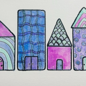 May include: A row of five colorful houses with different patterns and designs. The houses are drawn in a whimsical style with pink, blue, purple, and green colors. There are two small green trees on either end of the row.