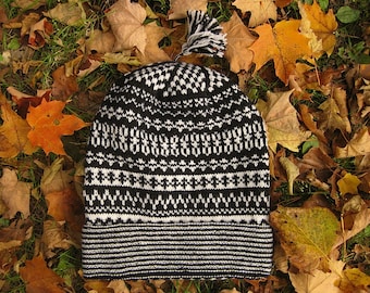 Handknit Scandinavian Cap, Traditional Swedish. Pattern is from Halland, Sweden - white on black 100 percent wool yarn. Sport weight.