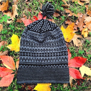 Handknit Scandinavian Cap, Traditional Halland, Sweden pattern - Black on Dark Grey, 100 percent Superwash sport weight wool yarn.