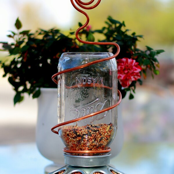 Bird Feeder  Mason Jar Bird Feeder  Copper Wrapped  Hanging Bird Feeder  Grain Feeder