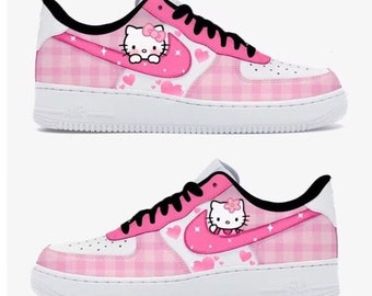Kitty Pink Plaid Shoes, Custom Air Force 1 Sneakers, Pink Black Cute White Shoes, Kitty Cute Sweet Gift, Pink Hearts Kawaii Outfits Pink