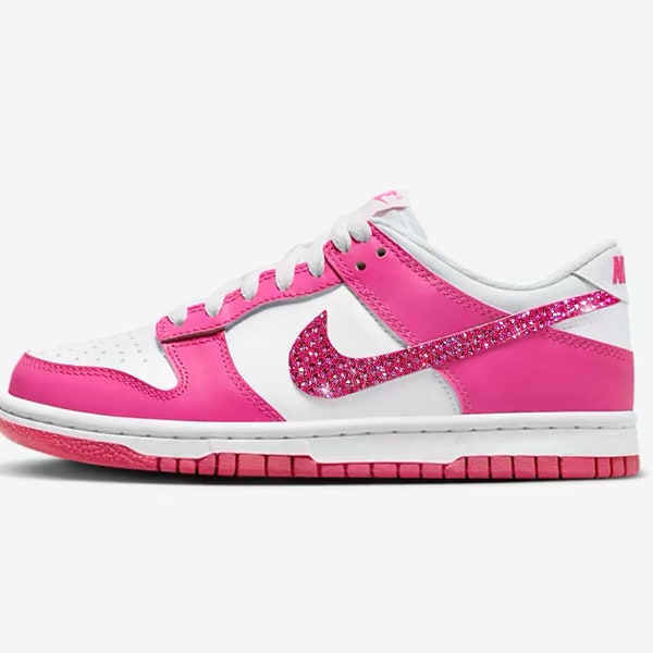 Pink Nike Bling Shoes Custom Hot Pink Dunk Low Shoes for Her Gift Birthday For Her Sneakers Rhinestone Pink Bling Swoosh Shoes