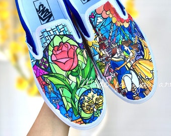 Beauty and the Beast Vans Custom Shoes Stained Glass Beauty and the Beast Gift Hand Painted Shoes Unique Disney Gift Women Vans