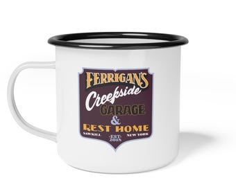 Taza de campamento esmaltada personalizada para aventuras al aire libre, taza de café rústica, regalo personalizado para acampar, hacer senderismo y reuniones alrededor de fogatas.