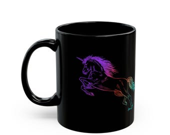Unicorn Magic Black Ceramic Mug – Rainbow Design, Fun Drinkware