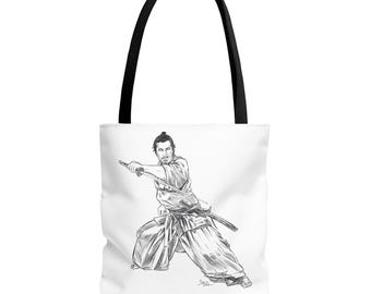 Samurai Warrior Art Tote Bag, Unique Boho Tote, Gift for Martial Arts Enthusiasts, Stylish Carry-All, Eco-Friendly Shopping Bag