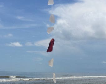 Red Sea Glass WindChime, READY to SHIP from Texas, Driftwood Beach Glass Wind chime for home decor gift, Driftwood Wind Chime