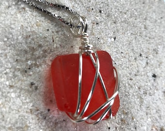 Bright Red Sea Glass Necklace present for Unique Ladies, Rare Stunning Red Beach Glass Birthday Jewelry for Women who love the Mermaid life