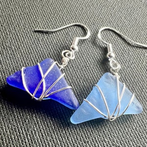 Blue Sea Glass Earrings Cobalt and Cornflower Blue Wrapped Dangle Earrings