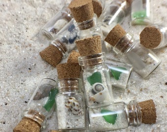 Tiny Beach in a Bottle Two Hawaiian Party Favor, Mini Glass Vial filled with Beach Treasure gift, Beach Trinket gift