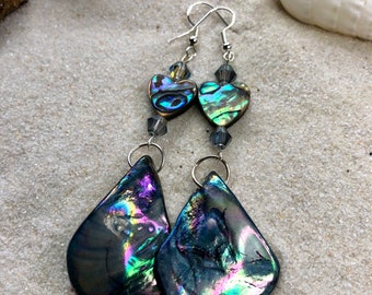 Purple Blue Abalone Shell Heart Earrings, Fun and Unique Summer earrings for Ladies