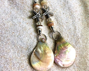 Ivory Dangle Sea Shell Earrings, Beach lover jewelry for your Love, Long Dangly Ocean themed Earrings for Ladies