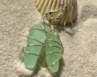 Aquamarine Seaglass Dangle Silver Earrings Beautiful CocaCola wrapped Beachy Jewelry gift for Sister