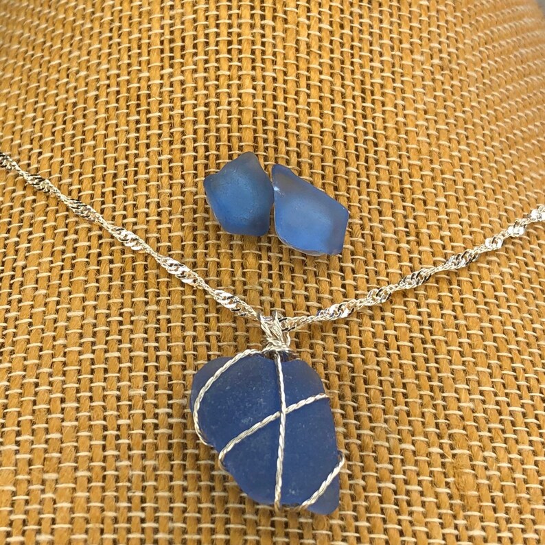 Cornflower Blue Sea Glass Necklace and Stud Earrings, Blue Beach Glass Jewelry gift for her image 9