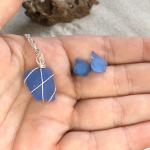 Cornflower Blue Sea Glass Necklace and Stud Earrings, Blue Beach Glass Jewelry gift for her image 7