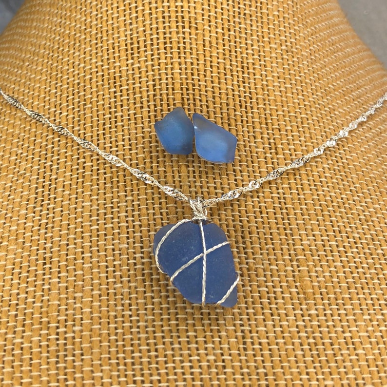 Cornflower Blue Sea Glass Necklace and Stud Earrings, Blue Beach Glass Jewelry gift for her image 2