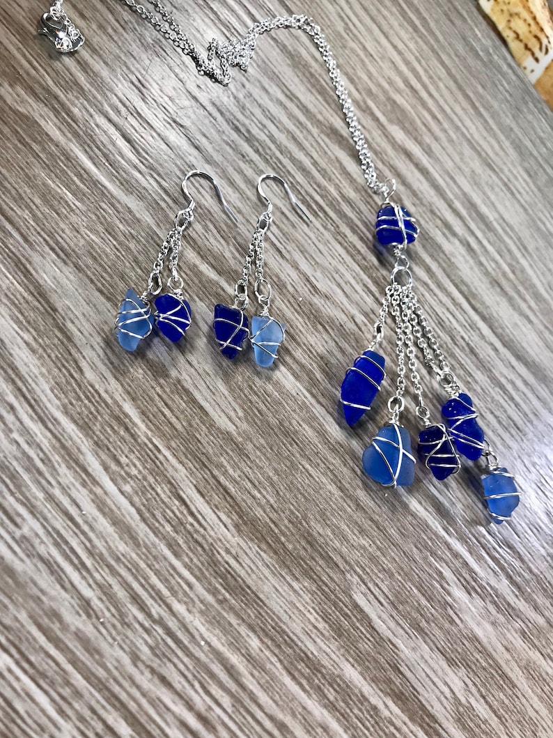 Authentic Blue Sea Glass Necklace with Matching Earrings Cobalt and Cornflower Blue Wire Wrapped Matching Jewelry for Sister gift boxed