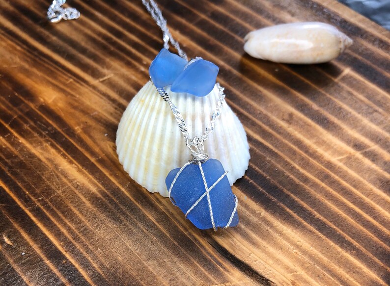 Cornflower Blue Sea Glass Necklace and Stud Earrings, Blue Beach Glass Jewelry gift for her image 5