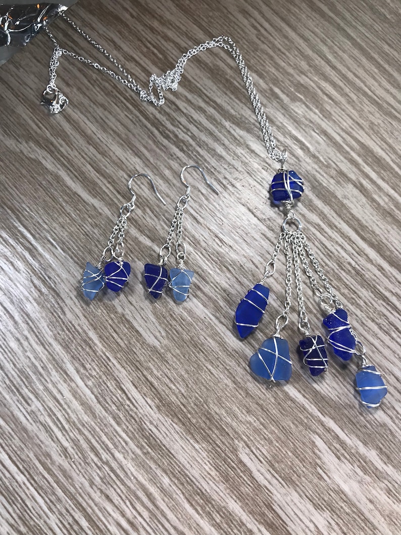 Authentic Blue Sea Glass Necklace with Matching Earrings Cobalt and Cornflower Blue Wire Wrapped Matching Jewelry for Sister gift boxed
