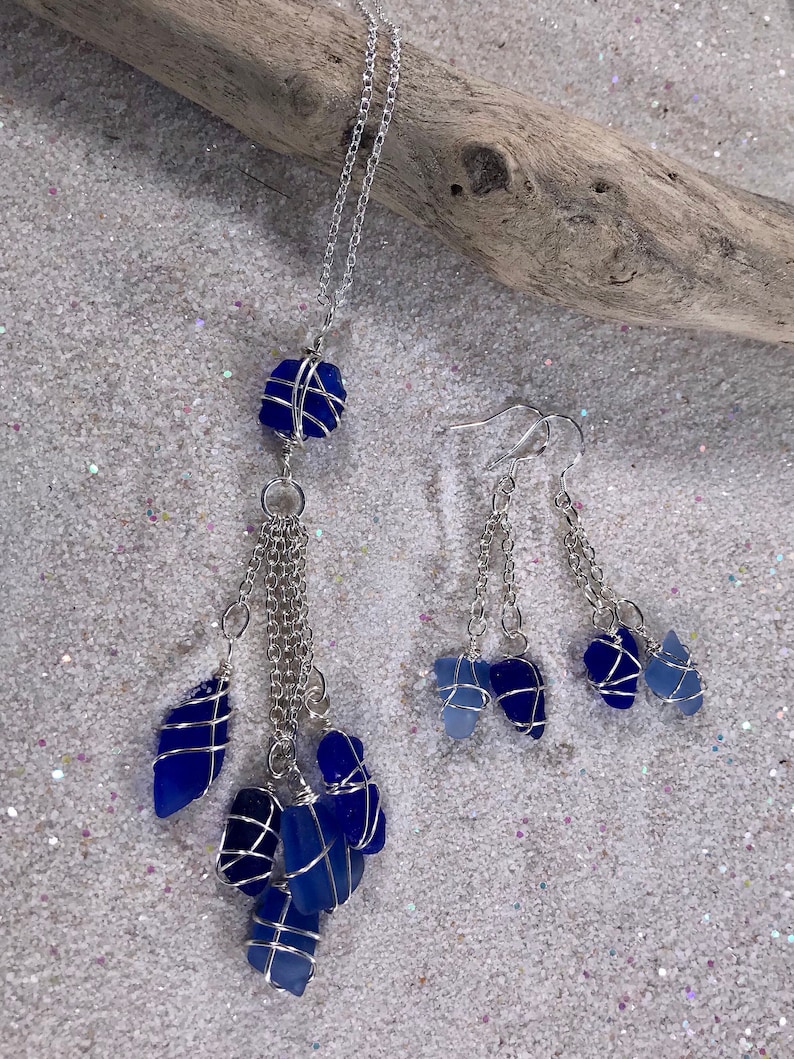 Authentic Blue Sea Glass Necklace with Matching Earrings Cobalt and Cornflower Blue Wire Wrapped Matching Jewelry for Sister gift boxed