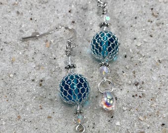 Aqua Glass Float Earrings Ocean Blue Nautical Birthday present for Daughter, Blue Fishing net Earrings gift for Beach Loving Women