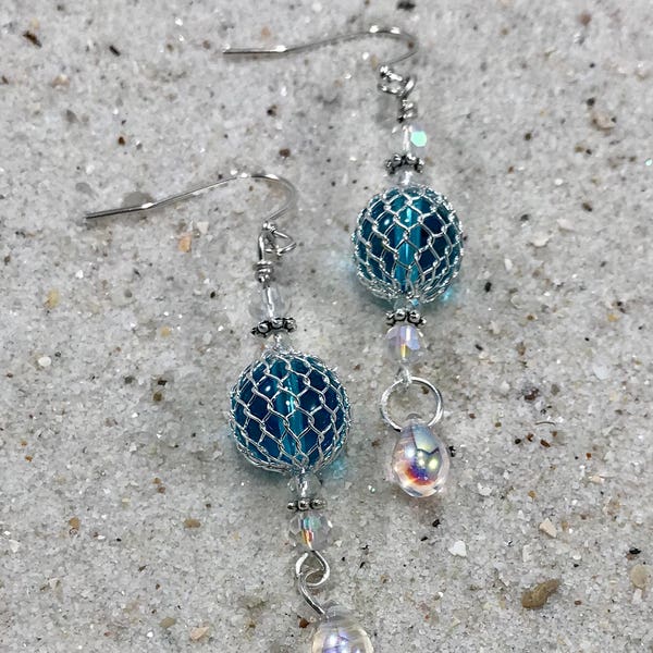 Aqua Glass Float Earrings Ocean Blue Nautical Birthday present for Daughter, Blue Fishing net Earrings gift for Beach Loving Women