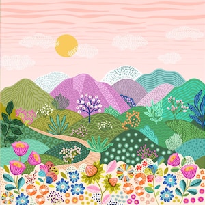 Può includere: Un colorato design tessile con un paesaggio stravagante. L'illustrazione comprende dolci colline nelle tonalità del verde, viola e blu, un sole giallo brillante e una varietà di fiori. Il design ha un bordo con strisce decorate.