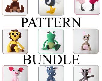 10 pattern bundle for sewing- monkey, dodo, flamingo, frog, cow, rabbit, lion, hippo, elephant, pig