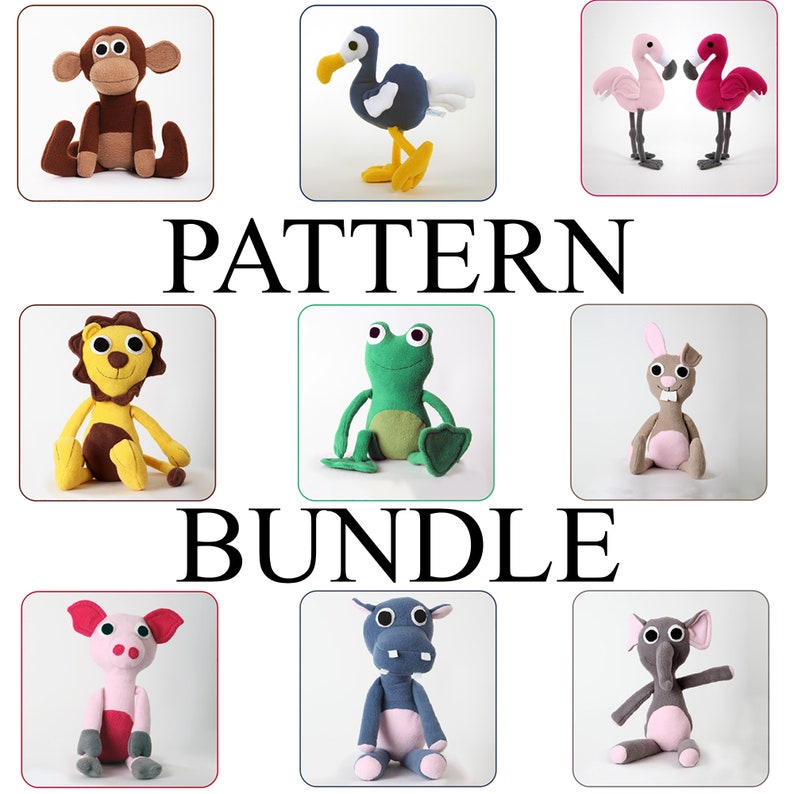 10 pattern bundle for sewing monkey, dodo, flamingo, frog, cow, rabbit, lion, hippo, elephant, pig image 1