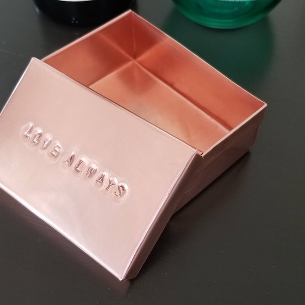 Solid Copper Box and Lid, Custom Stamping. Handmade. Wedding Anniversary Kitchen.  Storage Organizer