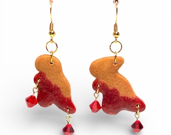Dino Chicken Nugget Earrings Dipped in Ketchup Funny Food Lover Jewelry, Quirky Statement Earrings, Cute Gag Gift