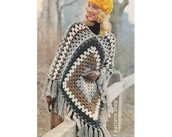 Patrón de ganchillo para poncho vintage, poncho afgano cuadrado fácil estilo abuela (descarga en PDF) - C55