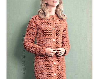 1970s Long Sweater Crochet Pattern, Vintage Lacy Button Front Coat Instant Download PDF- C414