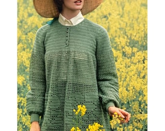 Modello per top a grembiule all'uncinetto filet, maglione a maniche lunghe con motivo a rose vintage, maglione leggero (PDF da scaricare) - C419