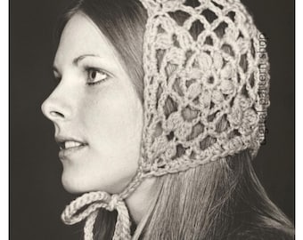 Modello all'uncinetto per berretto con motivo floreale anni '70, cappellino vintage in pizzo, fascia per capelli Jibber (PDF da scaricare) - C413