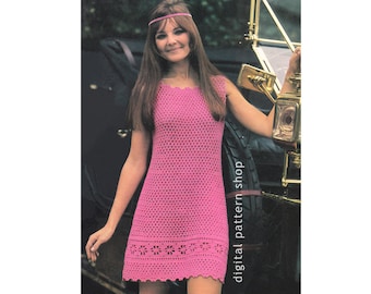 Crochet Dress Pattern, 60s Vintage Flower Hem Mini Dress PDF Download - C43
