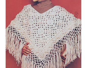 1970s Crochet Poncho Pattern, Vintage Granny Square Poncho Fringed Instant Download PDF - C445