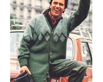 Padrão de tricô para cardigã jacquard, jaqueta suéter vintage masculina em PDF para download K177