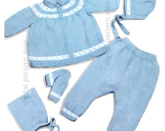 Stickmönster för baby från 60-talet, tröja, leggings, mössa, vantar, barnvagnsset 6 till 12 månader PDF-nedladdning K174