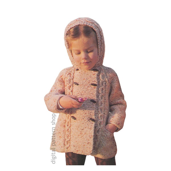 Child's Duffle Coat Knitting Pattern Hooded Raglan Sleeve Sweater Coat Pattern Girls or Boys Toddler Size 1 2 3 4 PDF Instant Download K124