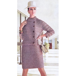 60s Jacket & Skirt Crochet Pattern, Italian Skirt Suit for Women, Curved Collar Jacket Asymmetrical Button Front PDF Download- C276