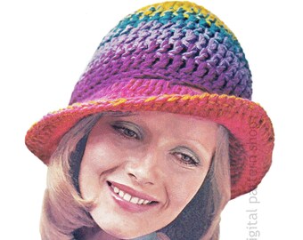 Crochet Hat Pattern, 70s Brimmed Rainbow Hat for Women Instant Download PDF Pattern - C257