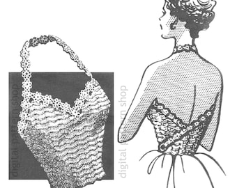 1950s Flower Trimmed Halter Crochet Pattern, Vintage Back Wrap Top Instant Download PDF Pattern - C443