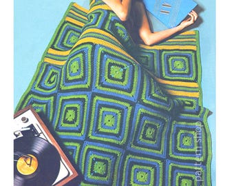 Wzór na szydełkowy koc afgański w stylu retro babci, kwadratowe motywy i paski z lat 70. w stylu vintage, pobierz plik PDF - C361