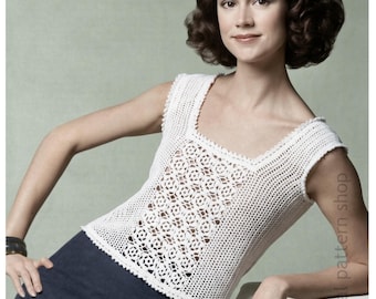 Vintage Irish Crochet Top Pattern, Rose Center Square Neck Blouse PDF Download - C423