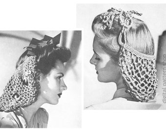 1940s Vintage Snoods Crochet Pattern for Women, Beaded Snood, Mesh Hair Net to Crochet Instant Download PDF Pattern - C222