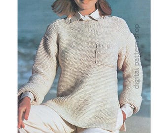 Sweater Knitting Pattern & Hat, Easy Vintage Pullover for Women Garter Stitch Jumper PDF Download - K192